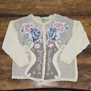 Vintage Floral Knit Cardigan Cottagecore Cream Gray Size‎ L